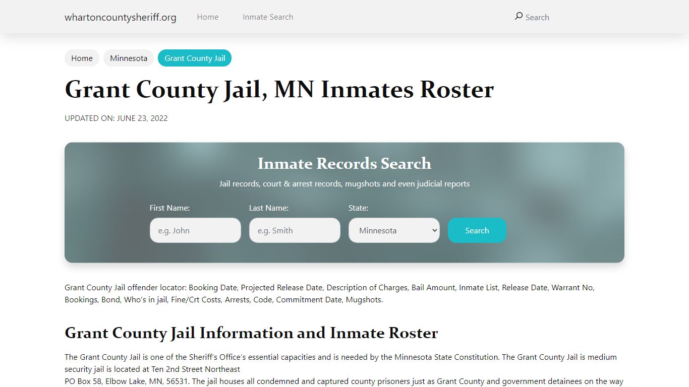 Grant County Jail, MN Jail Roster, Name Search